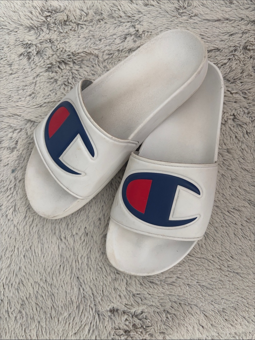 Champion White Slide Sandals with Navy & Red Logo
